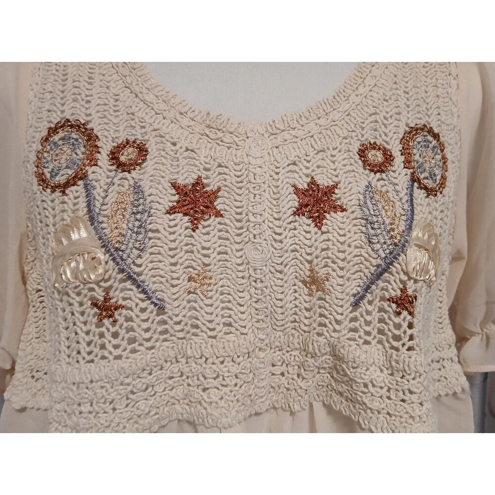 NWT Baby Doll Korean Boho Sheer Crochet Top/Blouse with Embroidery for Women-S - Picture 4 of 8